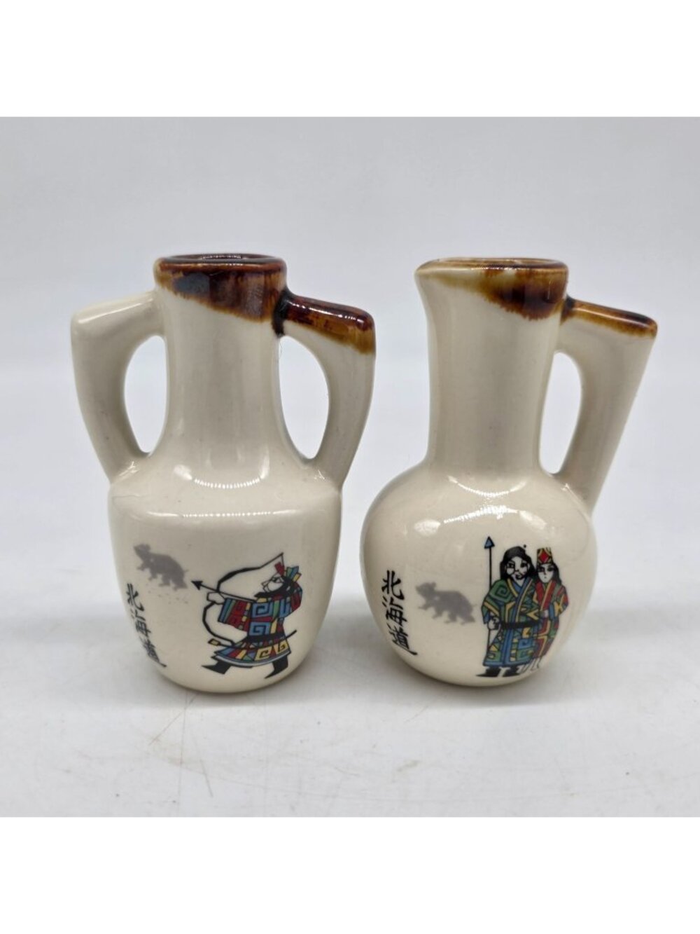 Japanese Miniature Ceramic Pitchers With Traditional Folk Art Design 3.25" Tall
